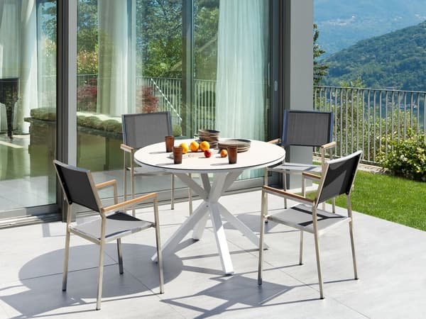 Hagespisesett Hvit og Grå Aluminium Rustfritt Stål Keramisk Glass Bordplate 4 Seter Utemøbler Moderne