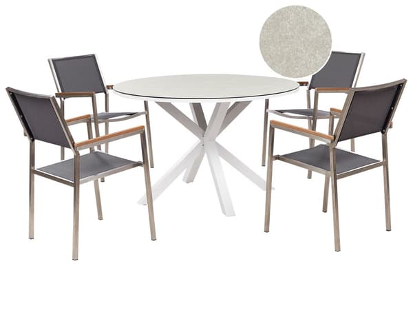 Hagespisesett Hvit og Grå Aluminium Rustfritt Stål Keramisk Glass Bordplate 4 Seter Utemøbler Moderne