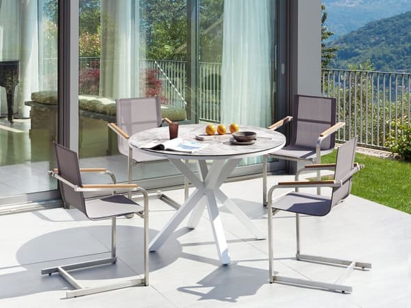 Hagespisesett Hvit og Grå Aluminium Rustfritt Stål Keramisk Glassbordplate med Marmoreffekt 4 Seter Utemøbler Moderne