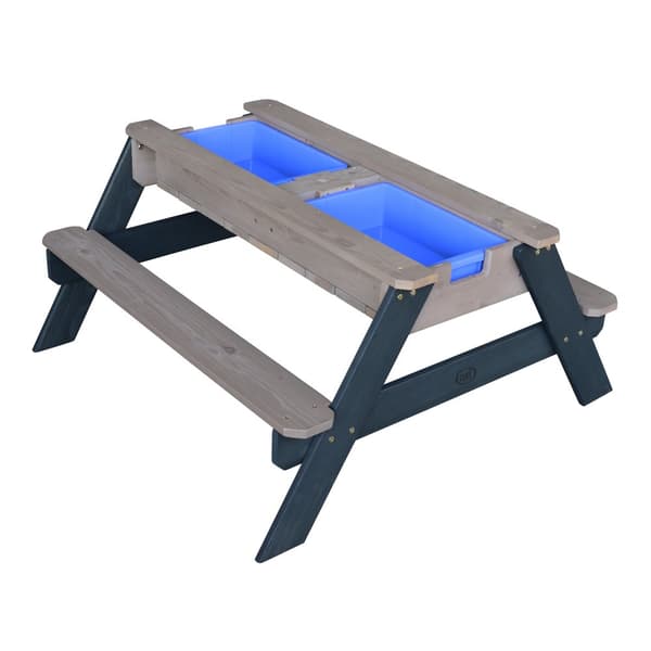 AXI Nick Picknickbord / Sandbord / Vattenbord för barn i antracitgrått/grått med parasoll i blått | Picknickbord i trä för flera ändamål