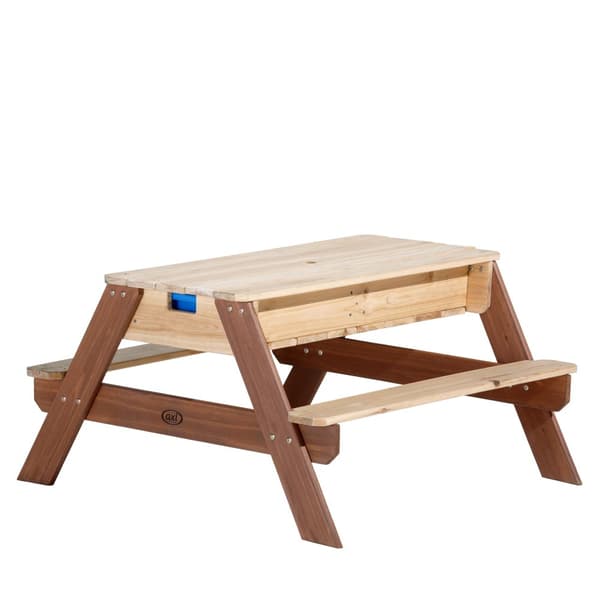 AXI Nick Picknickbord / Sandbord / Vattenbord för barn i brunt med parasoll i blå/vit |Mångsidigt picknickbord i trä