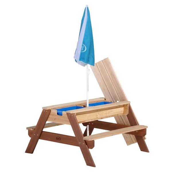 AXI Nick Picknickbord / Sandbord / Vattenbord för barn i brunt med parasoll i blå/vit |Mångsidigt picknickbord i trä