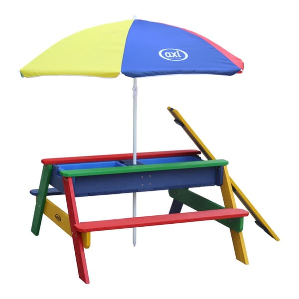 AXI Nick Picknickbord / Sandbord / Vattenbord för barn i regnbågsfärger med parasoll | Picknickbord i træ med mange anvendelsesområder