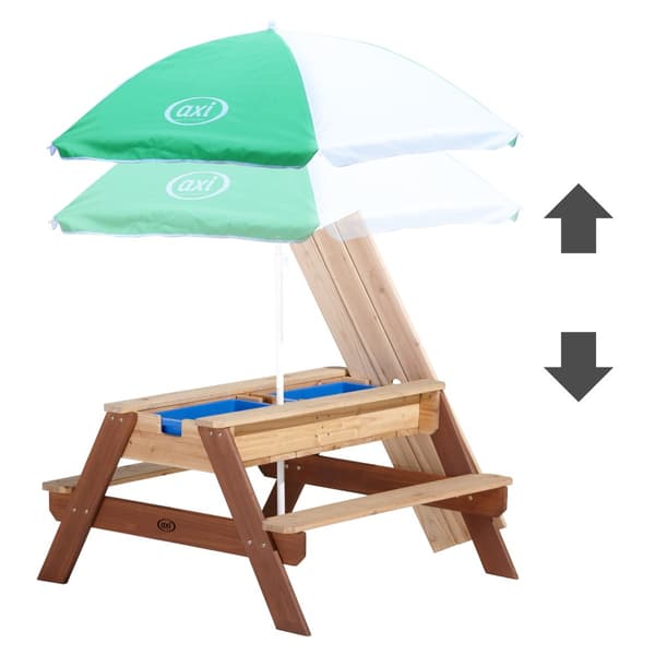 AXI Nick Picknickbord / Sandbord / Vattenbord för barn i brunt med parasoll i grönt/vitt | Multifunktionellt picknickbord i trä