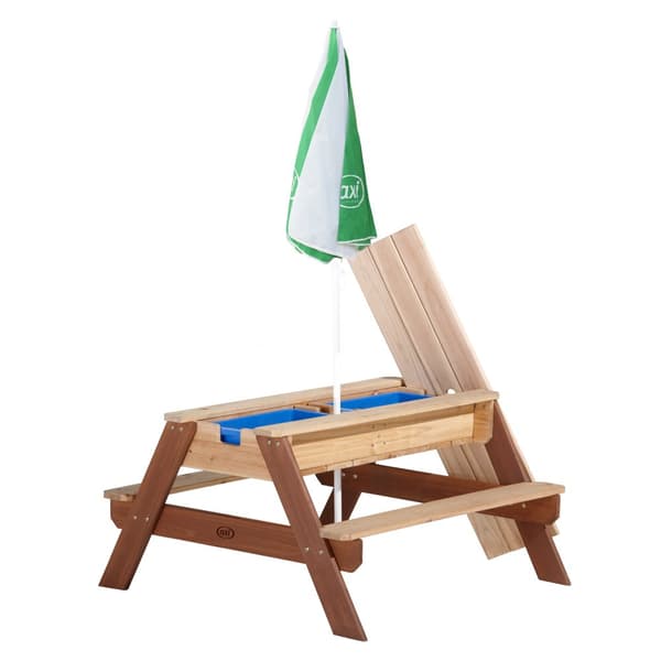 AXI Nick Picknickbord / Sandbord / Vattenbord för barn i brunt med parasoll i grönt/vitt | Multifunktionellt picknickbord i trä