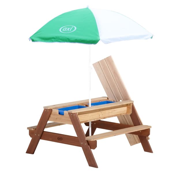 AXI Nick Picknickbord / Sandbord / Vattenbord för barn i brunt med parasoll i grönt/vitt | Multifunktionellt picknickbord i trä
