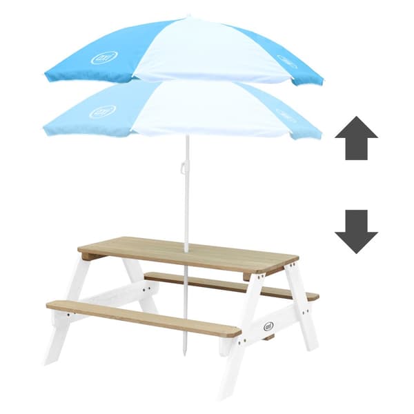 AXI Nick Picknickbord for barn i brun/vit med parasol i blå/vit | Picknickbord i træ i forskellige farver