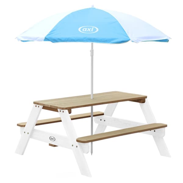 AXI Nick Picknickbord for barn i brun/vit med parasol i blå/vit | Picknickbord i træ i forskellige farver