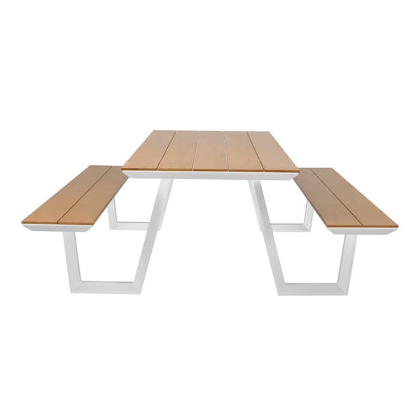 AXI Nori Piknik-pöytä 2 penkillä valkoisella ja teak-ulkonäköisellä 6 hengelle | Piknik-pöytä / Alumiini & Polywood Picnic Table 200x190 cm