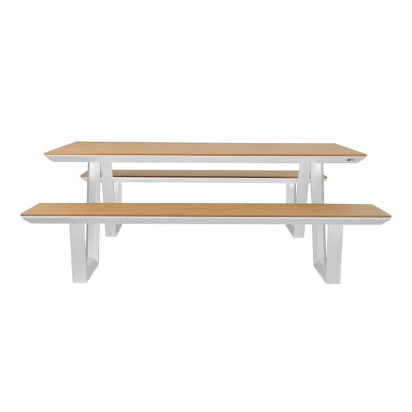AXI Nori Piknik-pöytä 2 penkillä valkoisella ja teak-ulkonäköisellä 6 hengelle | Piknik-pöytä / Alumiini & Polywood Picnic Table 200x190 cm