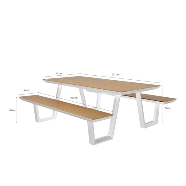 AXI Nori Piknik-pöytä 2 penkillä valkoisella ja teak-ulkonäköisellä 6 hengelle | Piknik-pöytä / Alumiini & Polywood Picnic Table 200x190 cm