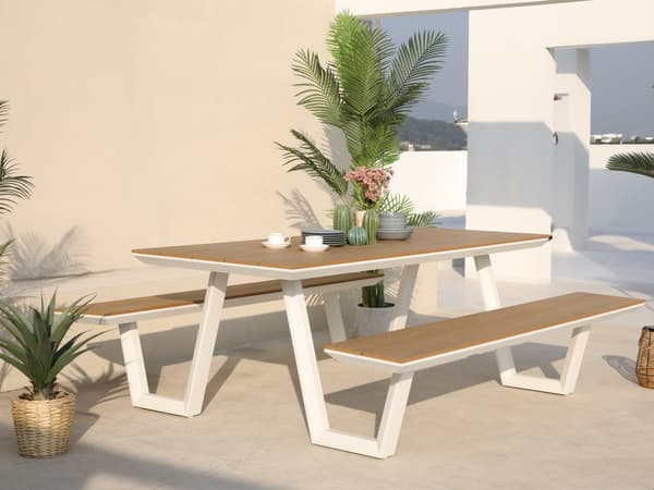AXI Nori Piknik-pöytä 2 penkillä valkoisella ja teak-ulkonäköisellä 6 hengelle | Piknik-pöytä / Alumiini & Polywood Picnic Table 200x190 cm