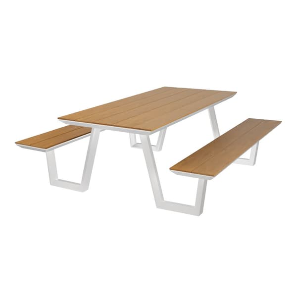 AXI Nori Piknik-pöytä 2 penkillä valkoisella ja teak-ulkonäköisellä 6 hengelle | Piknik-pöytä / Alumiini & Polywood Picnic Table 200x190 cm