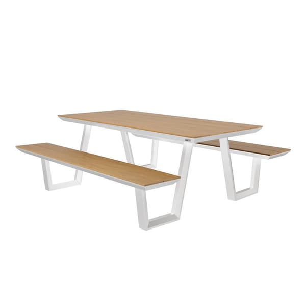 AXI Nori Piknik-pöytä 2 penkillä valkoisella ja teak-ulkonäköisellä 6 hengelle | Piknik-pöytä / Alumiini &amp; Polywood Picnic Table 200x190 cm