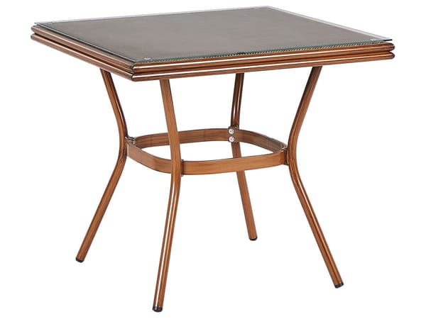 Trädgårdsmatgrupp 4-sits Kvadratiskt Bord med Aluminiumram Mörkt Trä och Grå Stapelbara Stolar