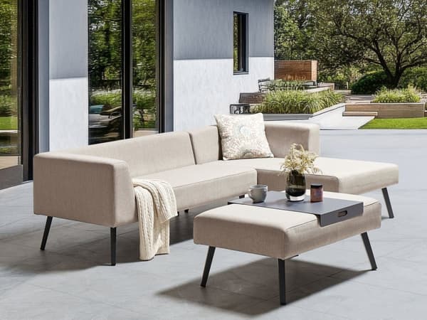 4-personers sofasæt i beige olefinstof i aluminiumsstel i moderne stil have-ydre