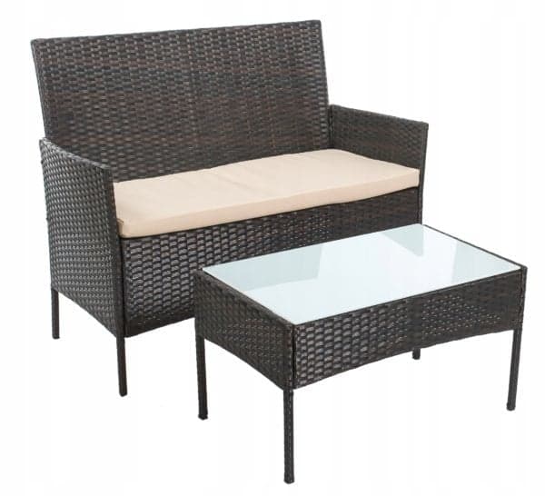 Familj Rattan Trädgårdsset med Bord, 2 Stolar & Sofa, Krämfärgade Kuddar, Väderbeständig