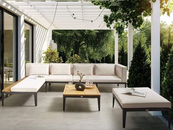 Soffgrupp Höger 4-sits Trädgård Hörnsoffa med Fotpall Ljust Certifierat Akaciaträ Ljus Beige Dynor med Soffbord