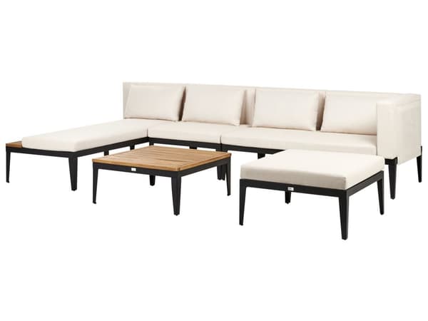 Soffgrupp Höger 4-sits Trädgård Hörnsoffa med Fotpall Ljust Certifierat Akaciaträ Ljus Beige Dynor med Soffbord