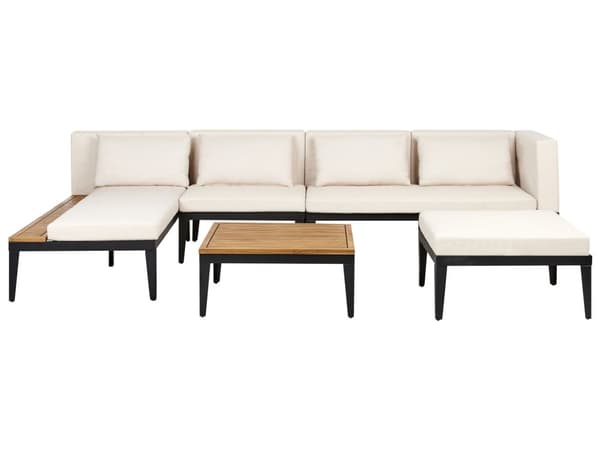 Soffgrupp Höger 4-sits Trädgård Hörnsoffa med Fotpall Ljust Certifierat Akaciaträ Ljus Beige Dynor med Soffbord