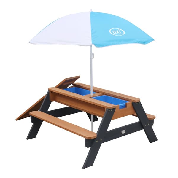 AXI Nick Picknickbord / Sandbord / Vattenbord för barn i antracit/brun med parasoll | Multifunktionellt picknickbord i træ