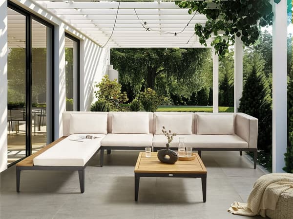 Loungesæt Beige Akacietræ 4 Personers Udendørs Hjørnesofa Moderne Loungemøbler med Sofabord til Terrasse Have Indretning