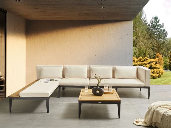 Loungesæt Beige Akacietræ 4 Personers Udendørs Hjørnesofa Moderne Loungemøbler med Sofabord til Terrasse Have Indretning