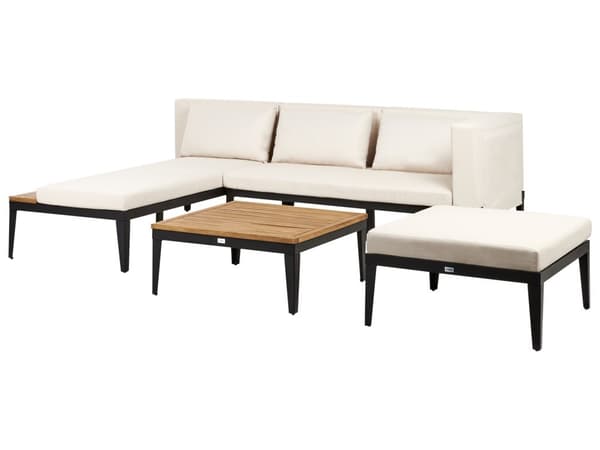 Loungesæt Beige Akacietræ 3 Personers Udendørs Hjørnesofa Moderne Loungemøbler med Sofabord og Fodskammel til Terrasse Have Indretning