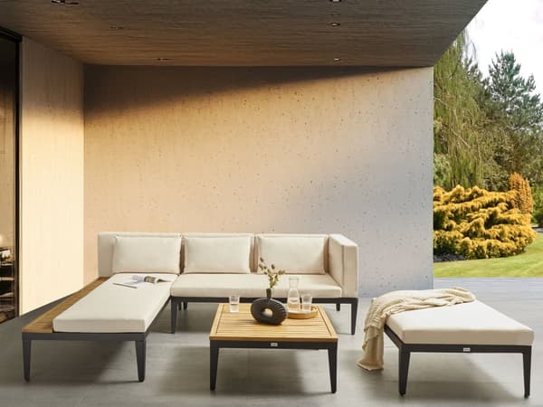 Loungesæt Beige Akacietræ 3 Personers Udendørs Hjørnesofa Moderne Loungemøbler med Sofabord og Fodskammel til Terrasse Have Indretning