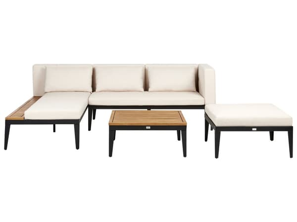 Loungesæt Beige Akacietræ 3 Personers Udendørs Hjørnesofa Moderne Loungemøbler med Sofabord og Fodskammel til Terrasse Have Indretning