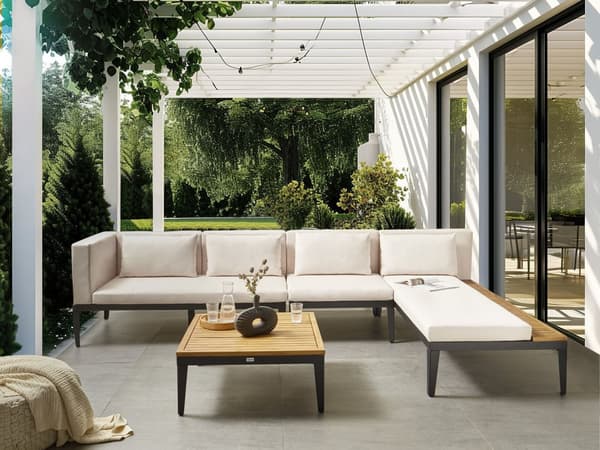 Loungesæt Beige Akacietræ 4 Personers Udendørs Hjørnesofa Moderne Loungemøbler med Sofabord til Terrasse Have Indretning