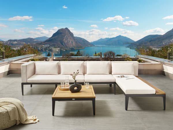 Loungesæt Beige Akacietræ 4 Personers Udendørs Hjørnesofa Moderne Loungemøbler med Sofabord til Terrasse Have Indretning