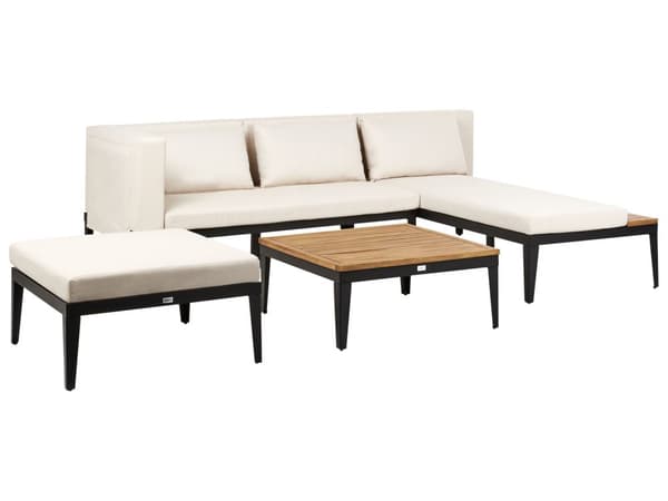 Loungesæt Beige Akacietræ 3 Personers Udendørs Hjørnesofa Moderne Loungemøbler med Sofabord og Fodskammel til Terrasse Have Indretning
