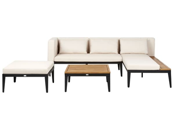 Loungesæt Beige Akacietræ 3 Personers Udendørs Hjørnesofa Moderne Loungemøbler med Sofabord og Fodskammel til Terrasse Have Indretning