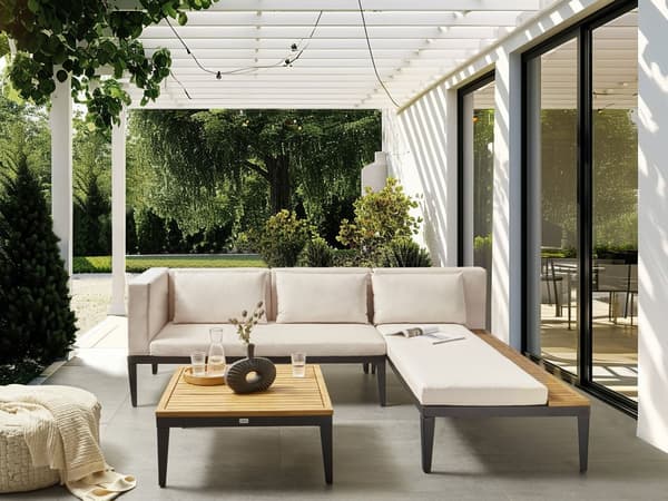Loungesæt Beige Akacietræ 3 Personers Udendørs Hjørnesofa Moderne Loungemøbler med Sofabord til Terrasse Have Indretning