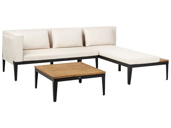 Loungesæt Beige Akacietræ 3 Personers Udendørs Hjørnesofa Moderne Loungemøbler med Sofabord til Terrasse Have Indretning