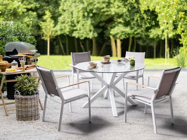 4-seters hagesett Rundt bord Hvit Aluminium Gjennomsiktig glassplate Lamellstoler Moderne design
