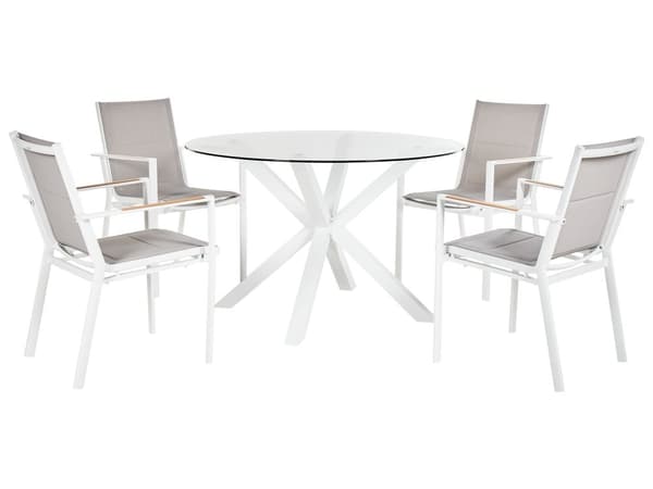 4-seters hagesett Rundt bord Hvit Aluminium Gjennomsiktig glassplate Lamellstoler Moderne design