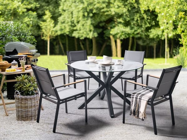 4-seters Hagesett Rundt Bord i Svart Aluminium med Gjennomsiktig Glassplate Lamellstoler Moderne Design