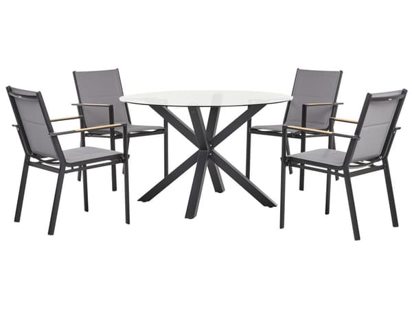 4-seters Hagesett Rundt Bord i Svart Aluminium med Gjennomsiktig Glassplate Lamellstoler Moderne Design