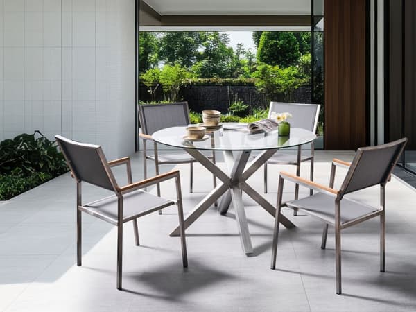 Trädgårdsmatbord Silver Rostfritt Stål Ram Ben Transparent Glasskiva Rund ø 120 cm Utomhus Modern