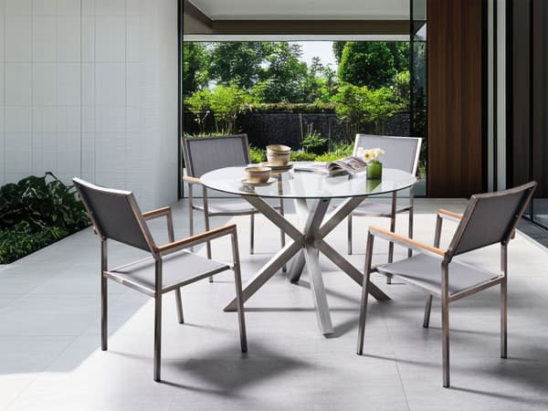 Trädgårdsmatbord Silver Rostfritt Stål Ram Ben Transparent Glasskiva Rund ø 120 cm Utomhus Modern