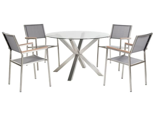 4-personers havesæt Rundt bord i sølvfarvet stål med lamelstole med gennemsigtig glasplade Moderne design