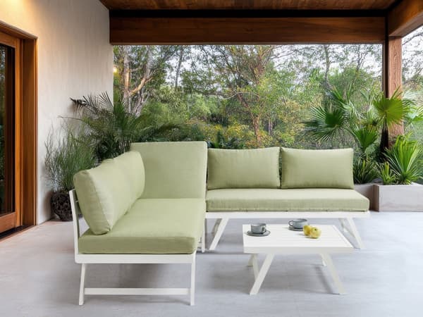 5-seters loungesett Hvit ramme i aluminium Grønne sitteputer Hjørnesofa Salongbord Justerbare seter Moderne design Hagemøbler