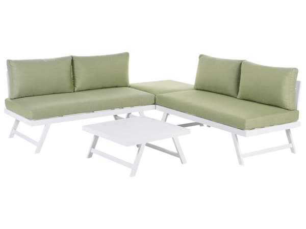 5-seters loungesett Hvit ramme i aluminium Grønne sitteputer Hjørnesofa Salongbord Justerbare seter Moderne design Hagemøbler