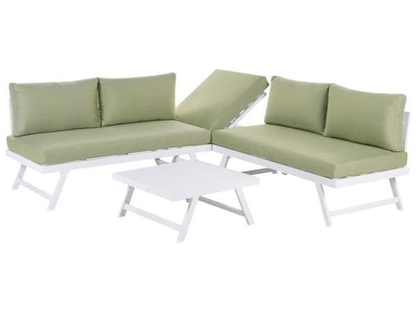 5-seters loungesett Hvit ramme i aluminium Grønne sitteputer Hjørnesofa Salongbord Justerbare seter Moderne design Hagemøbler