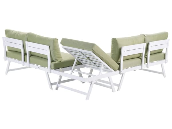 5-seters loungesett Hvit ramme i aluminium Grønne sitteputer Hjørnesofa Salongbord Justerbare seter Moderne design Hagemøbler