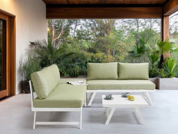 5-seters loungesett Hvit ramme i aluminium Grønne sitteputer Hjørnesofa Salongbord Justerbare seter Moderne design Hagemøbler