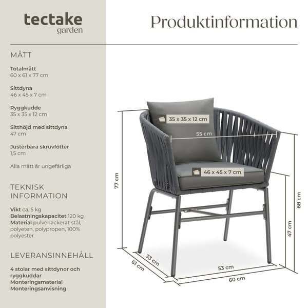 Set med trädgårdsstolar Valeiras i repdesign, inklusive tjocka dynor - Uppsättning om 4