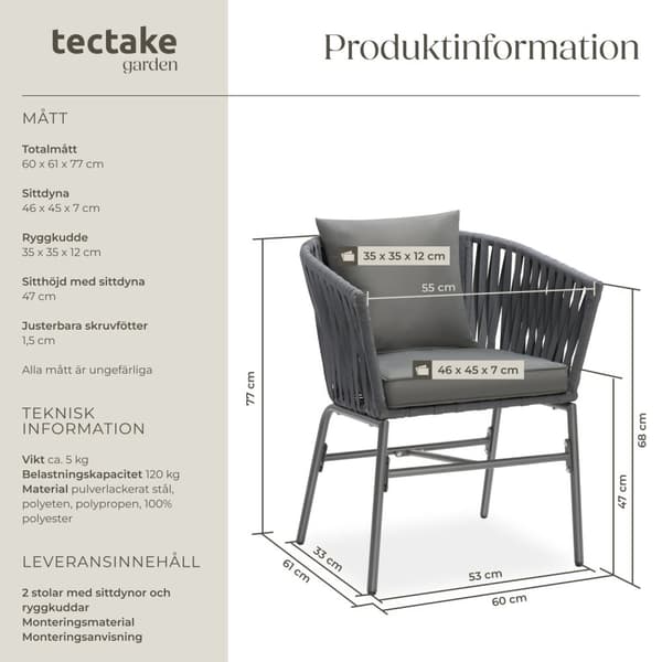 Set med trädgårdsstolar Valeiras i repdesign, inklusive tjocka dynor - Uppsättning av 2